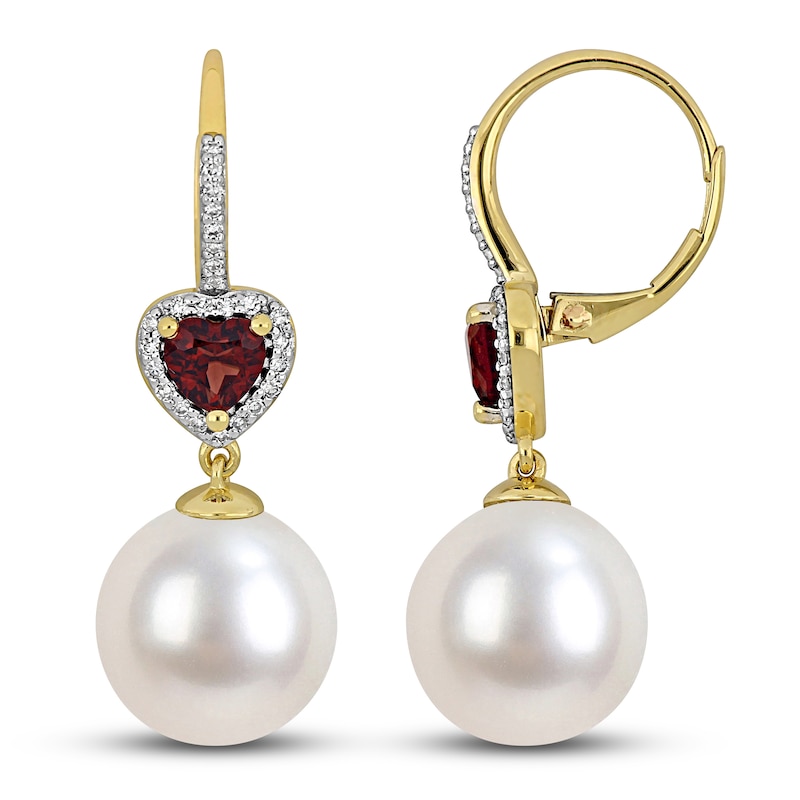 Main Image 1 of Heart-Shaped Natural Garnet, Cultured Pearl & Diamond Drop Earrings 1/5 ct tw 10K Yellow Gold