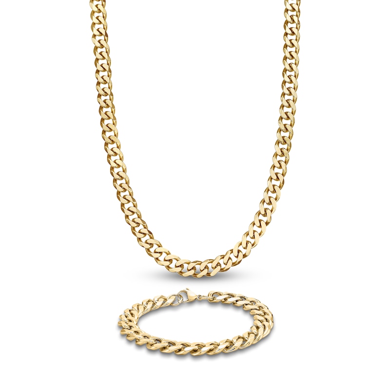 Main Image 2 of Cuban Curb Chain Necklace & Bracelet Set 8mm Yellow Ion-Plated Solid Stainless Steel