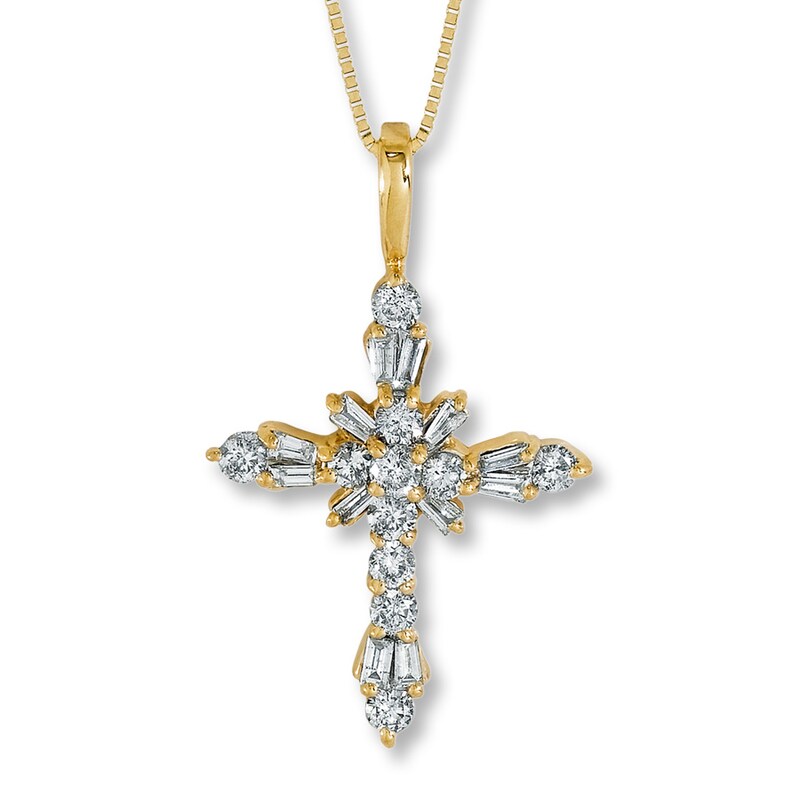Main Image 1 of Diamond Cross Necklace 1 ct tw Round-Cut 14K Yellow Gold