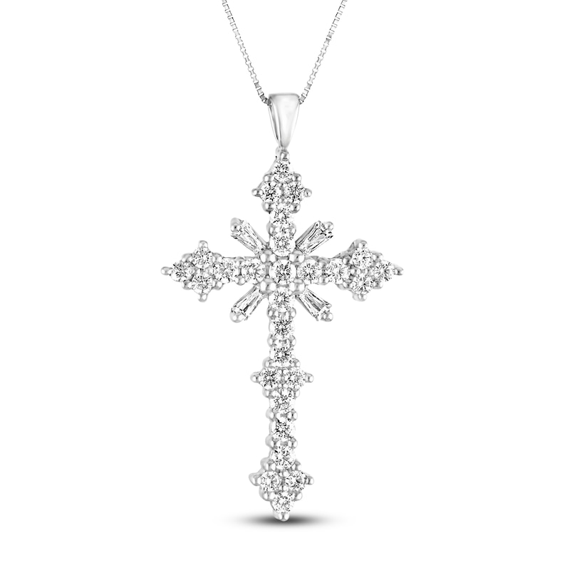 Diamond Cross Necklace 1-1/2 Carats tw Round/Baguette-Cut 14K White Gold