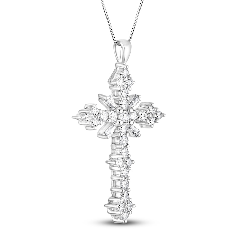 Diamond Cross Necklace 1-1/2 Carats tw Round/Baguette-Cut 14K White Gold