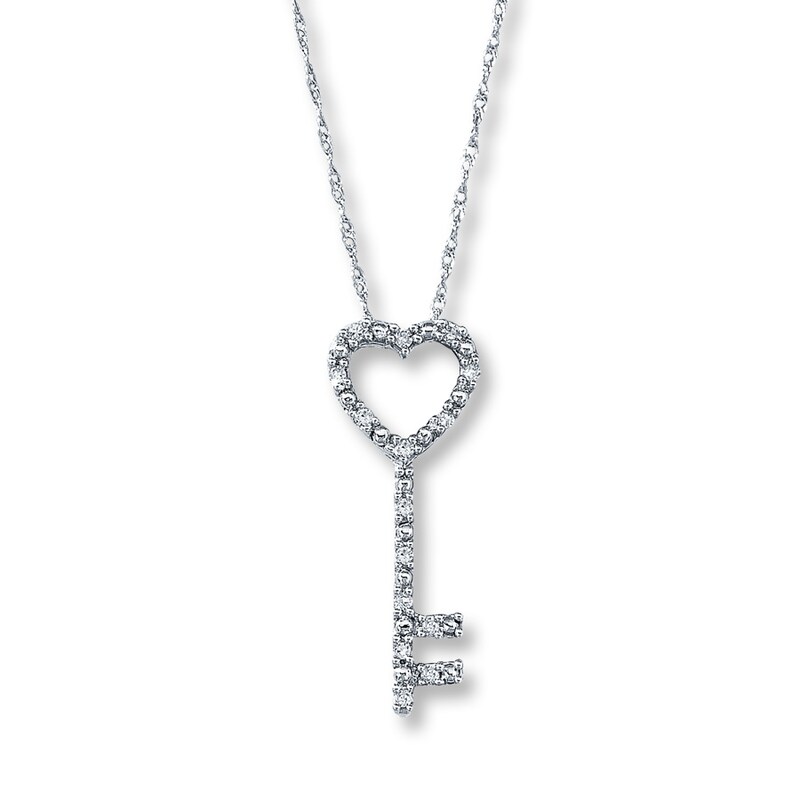 Main Image 1 of Diamond Key Necklace 1/10 ct tw Round-Cut 10K White Gold