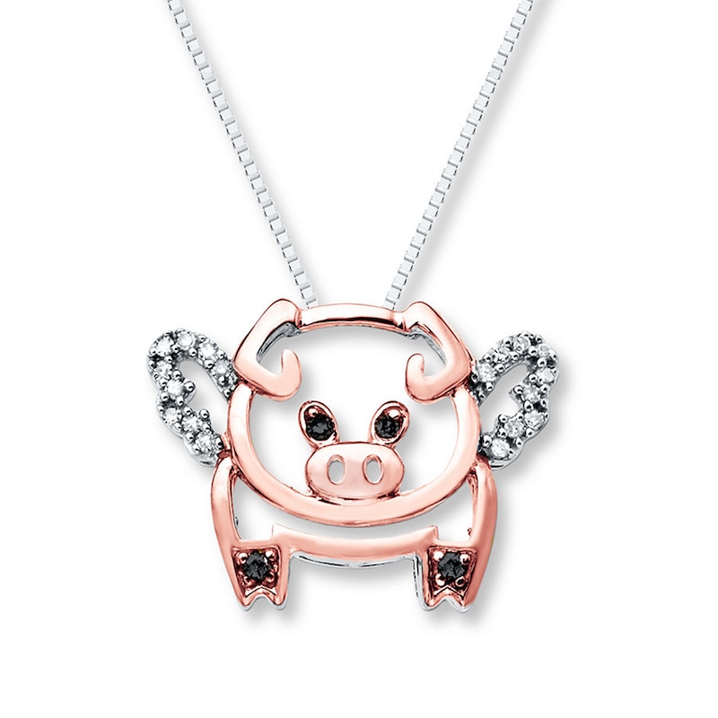 Flying Pig Necklace 1/10 cttw Diamonds Sterling Silver/10K Gold