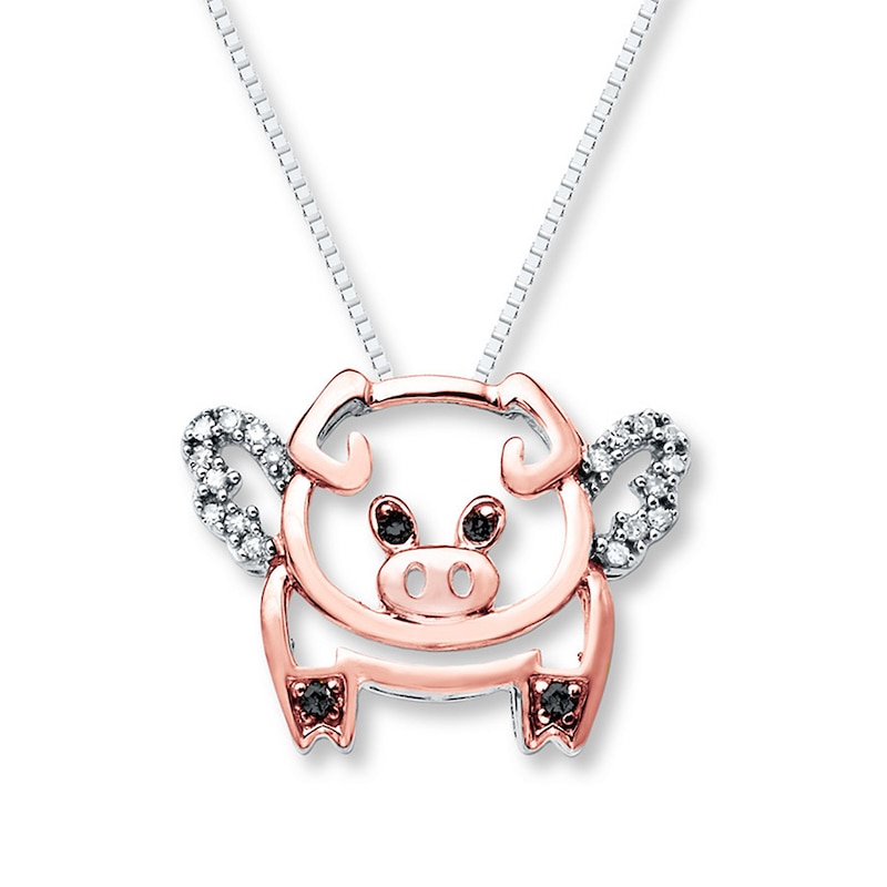 Main Image 1 of Flying Pig Necklace 1/10 cttw Diamonds Sterling Silver/10K Gold
