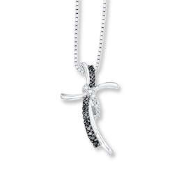 Black/White Diamond Cross Necklace 1/6 ct tw Sterling Silver