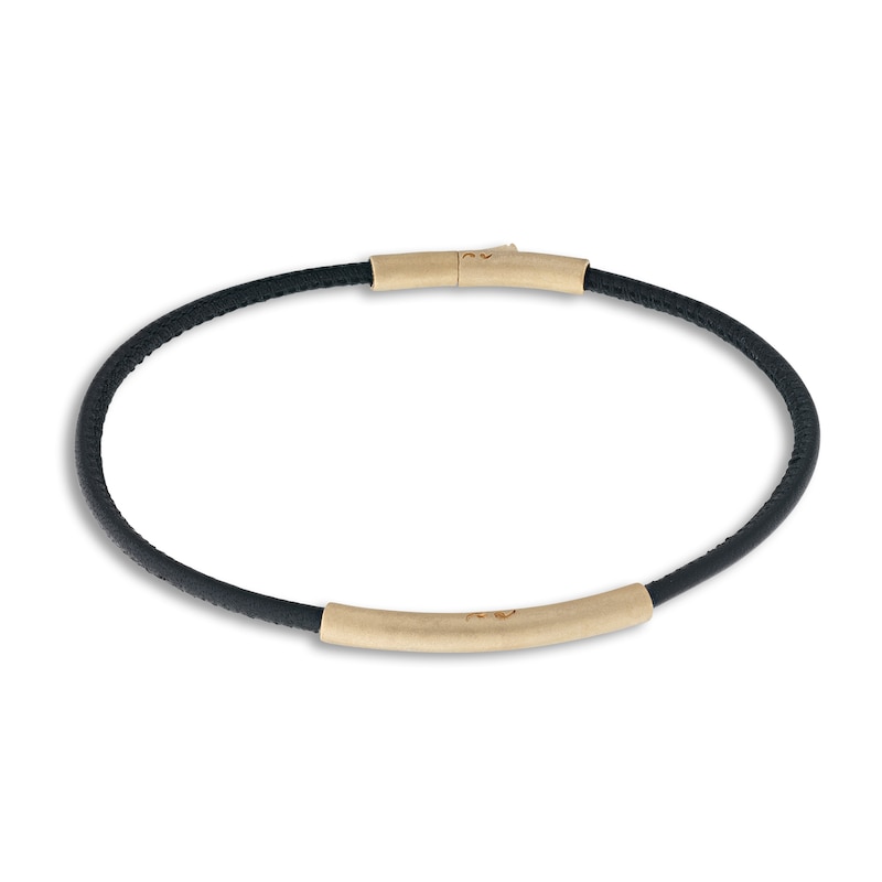 Marco Dal Maso Men's Thin Black Leather Bracelet Sterling Silver/18K Yellow Gold-Plated