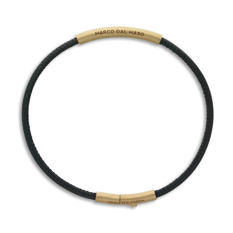 Marco Dal Maso Men's Thin Black Leather Bracelet Sterling Silver/18K Yellow Gold-Plated