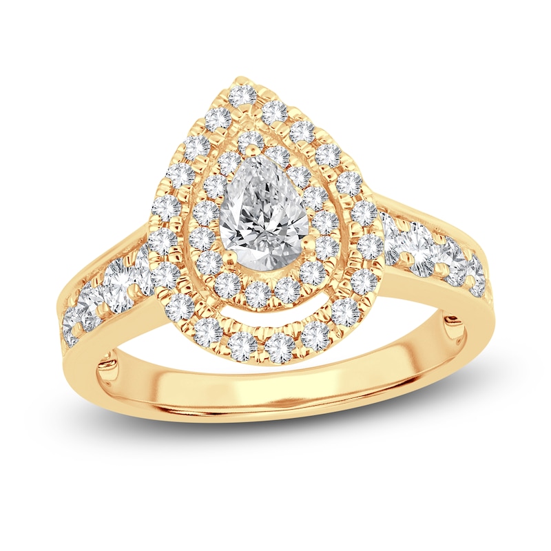 Main Image 1 of Diamond Double Halo Engagement Ring 1-1/3 ct tw Pear/Round 14K Yellow Gold