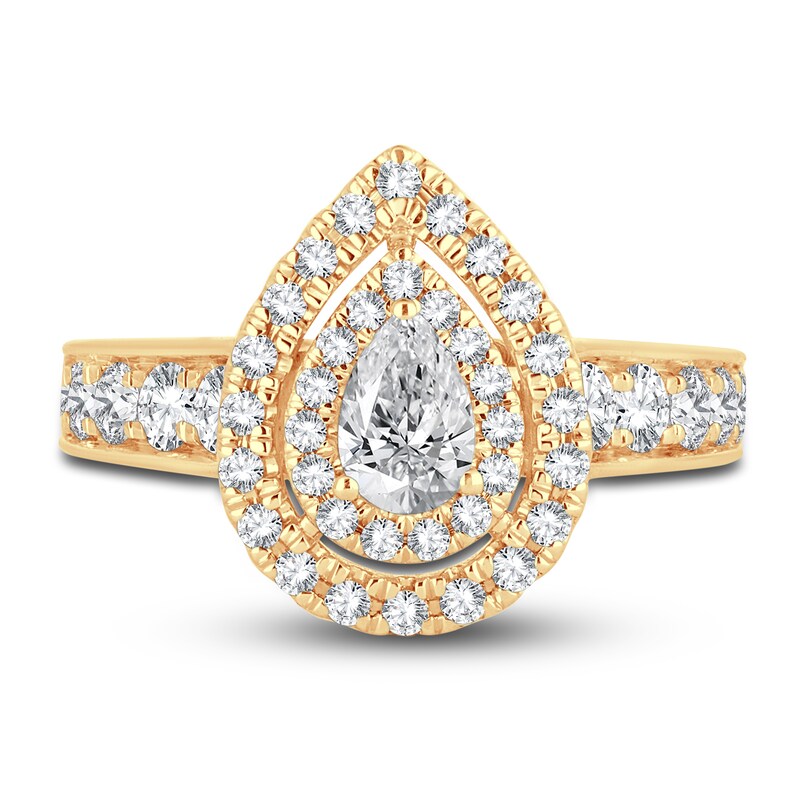Main Image 3 of Diamond Double Halo Engagement Ring 1-1/3 ct tw Pear/Round 14K Yellow Gold