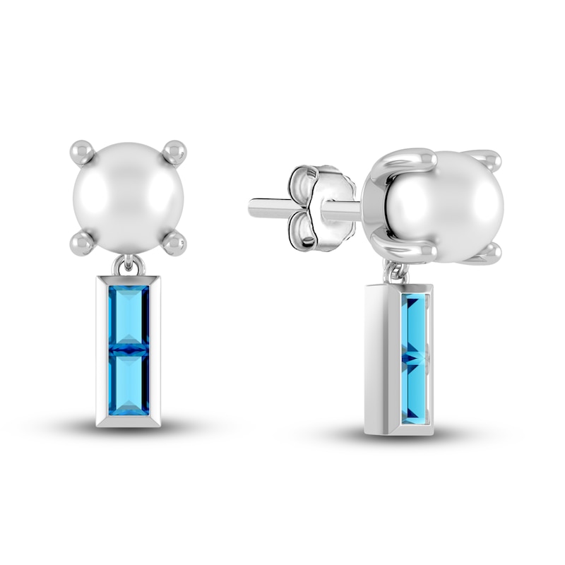 Main Image 1 of Juliette Maison Natural Blue Zircon Baguette and Freshwater Cultured Pearl Earrings 10K White Gold
