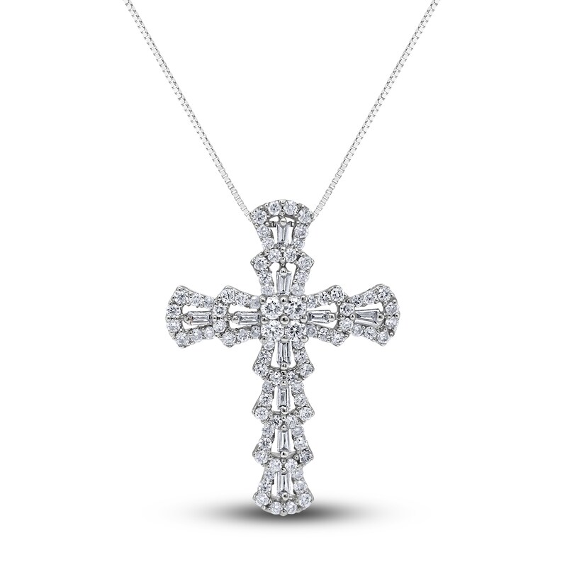 Main Image 1 of Diamond Cross Pendant Necklace 1-1/4 ct tw Round/Baguette 14K White Gold 18"