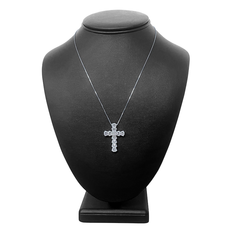 Main Image 4 of Diamond Cross Pendant Necklace 1-1/4 ct tw Round/Baguette 14K White Gold 18"