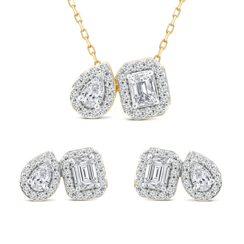 Diamond Pendant Necklace & Earring Set 1-1/2 ct tw Emerald/Pear/ Round 14K Yellow Gold