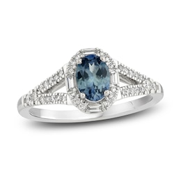 Montana Blue Oval-Cut Natural Sapphire Ring 1/4 ct tw Round Diamonds 14K White Gold