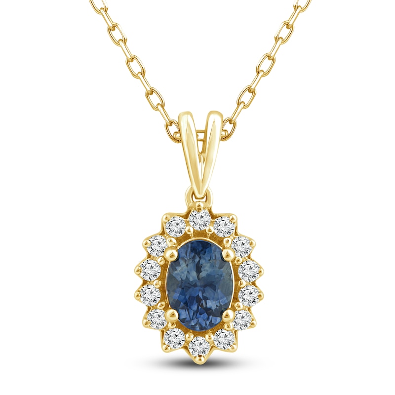 Main Image 1 of Montana Blue Oval-Cut Natural Sapphire Pendant Necklace 1/4 ct tw Round Diamonds 14K Yellow Gold 18"