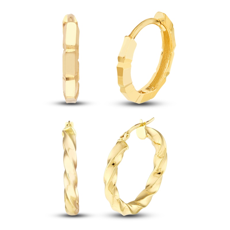Main Image 1 of Twisted Hoop & Brick Huggie Earring Set 14K Yellow Gold