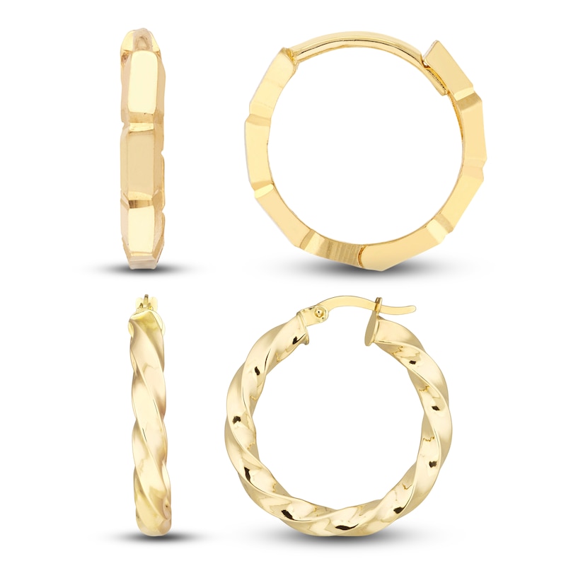 Main Image 2 of Twisted Hoop & Brick Huggie Earring Set 14K Yellow Gold