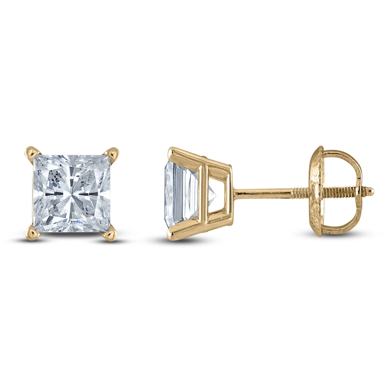 Main Image 1 of Princess-Cut Lab-Grown Diamond Solitaire Stud Earrings 2 ct tw 14K Yellow Gold (F/SI2)