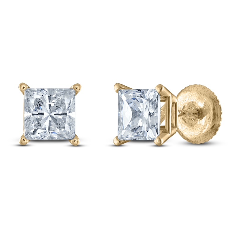 Main Image 2 of Princess-Cut Lab-Grown Diamond Solitaire Stud Earrings 2 ct tw 14K Yellow Gold (F/SI2)