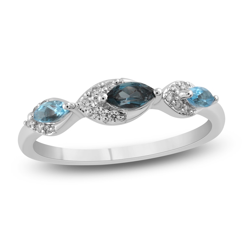 Main Image 1 of Marquise-Cut Natural London & Swiss Blue Topaz Ring 1/10 ct tw Diamonds 10K White Gold