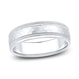 Men's Hammered Milgrain Wedding Band 18K White Gold 6mm