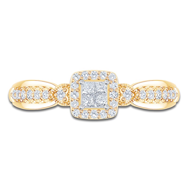 Main Image 3 of Princess-Cut Quad Diamond Cushion Halo Promise Ring 1/4 ct tw 10K Yellow Gold
