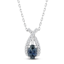 Montana Blue Oval-Cut Natural Sapphire & Diamond Necklace 1/10 ct tw 14K White Gold 18"