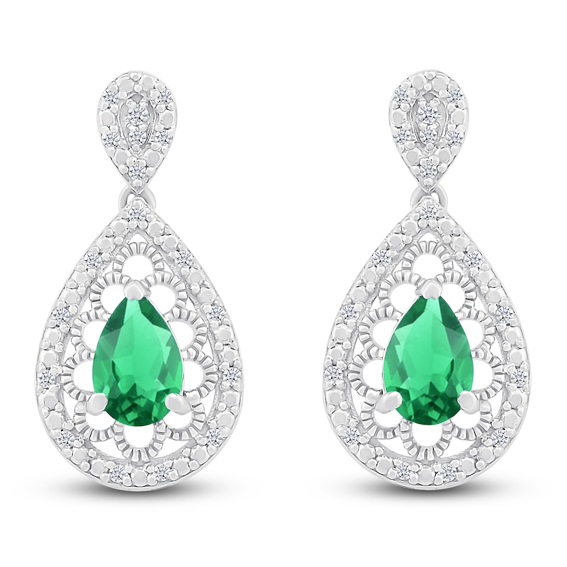 Main Image 1 of Pear-Shaped Lab-Created Emerald & Diamond Filigree Dangle Earrings 1/6 ct tw Sterling Silver