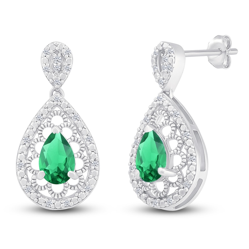 Main Image 2 of Pear-Shaped Lab-Created Emerald & Diamond Filigree Dangle Earrings 1/6 ct tw Sterling Silver