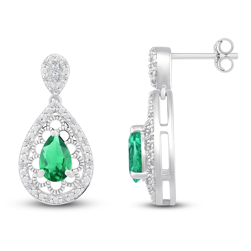 Main Image 3 of Pear-Shaped Lab-Created Emerald & Diamond Filigree Dangle Earrings 1/6 ct tw Sterling Silver
