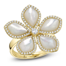 Shy Creation Natural Mother-of-Pearl & Diamond Flower Ring 1/2 ct tw 14K Yellow Gold SC55028827