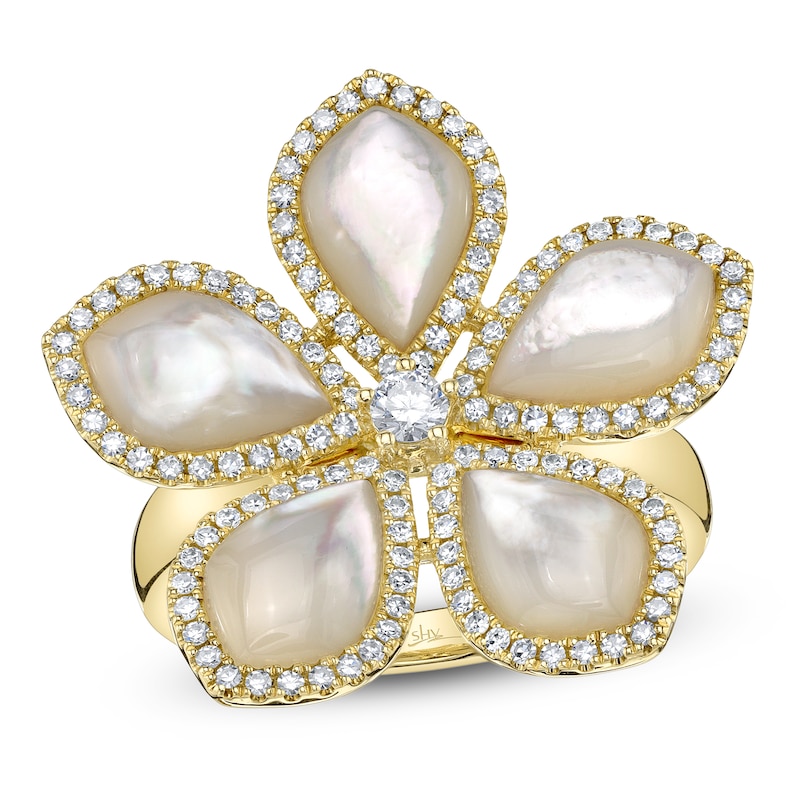 Main Image 1 of Shy Creation Natural Mother-of-Pearl & Diamond Flower Ring 1/2 ct tw 14K Yellow Gold SC55028827