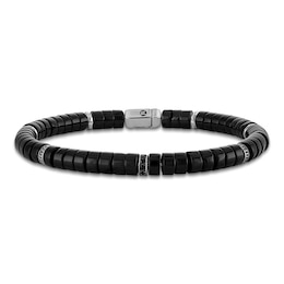 1933 by Esquire Men's Natural Black Spinel & Black Onyx Bead Bracelet Sterling Silver & Stainless Steel 8.5"