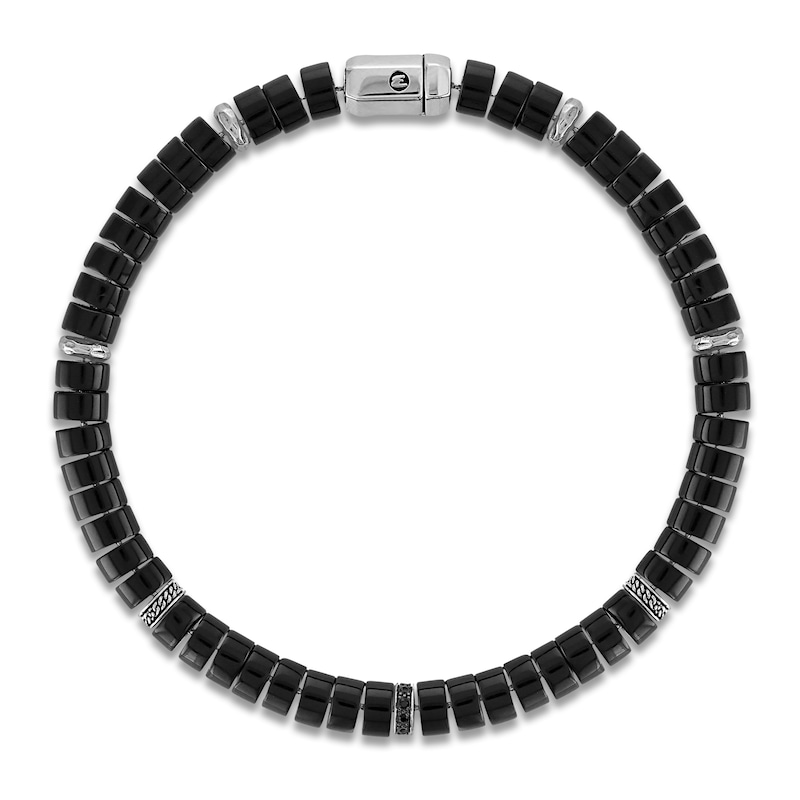 Main Image 2 of 1933 by Esquire Men's Natural Black Spinel & Black Onyx Bead Bracelet Sterling Silver & Stainless Steel 8.5"