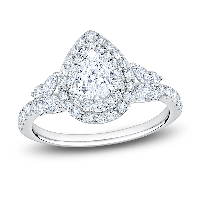 Main Image 1 of Certified Pear-Shaped Diamond Double Halo Engagement Ring 1-1/5 ct tw 14K White Gold