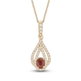 Oval-Cut Natural Ruby & Diamond Teardrop Necklace 1/5 ct tw 10K Yellow Gold 18"
