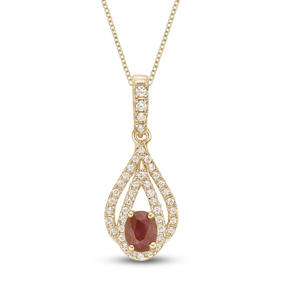 Oval-Cut Natural Ruby & Diamond Teardrop Necklace 1/5 ct tw 10K Yellow Gold 18"