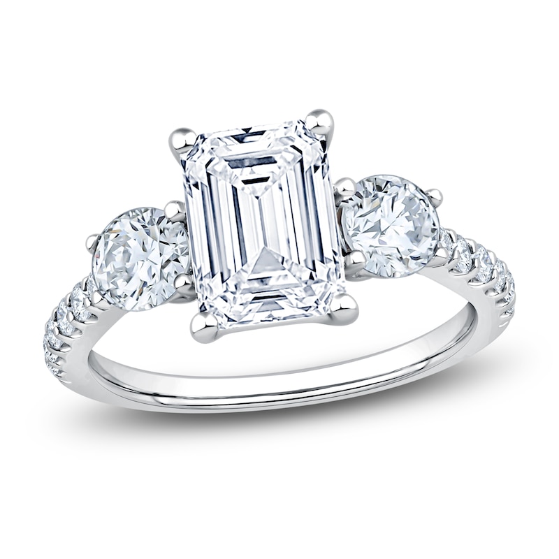Main Image 1 of Emerald-Cut & Round-Cut Lab-Grown Diamond Three-Stone Engagement Ring 3 ct tw 14K White Gold