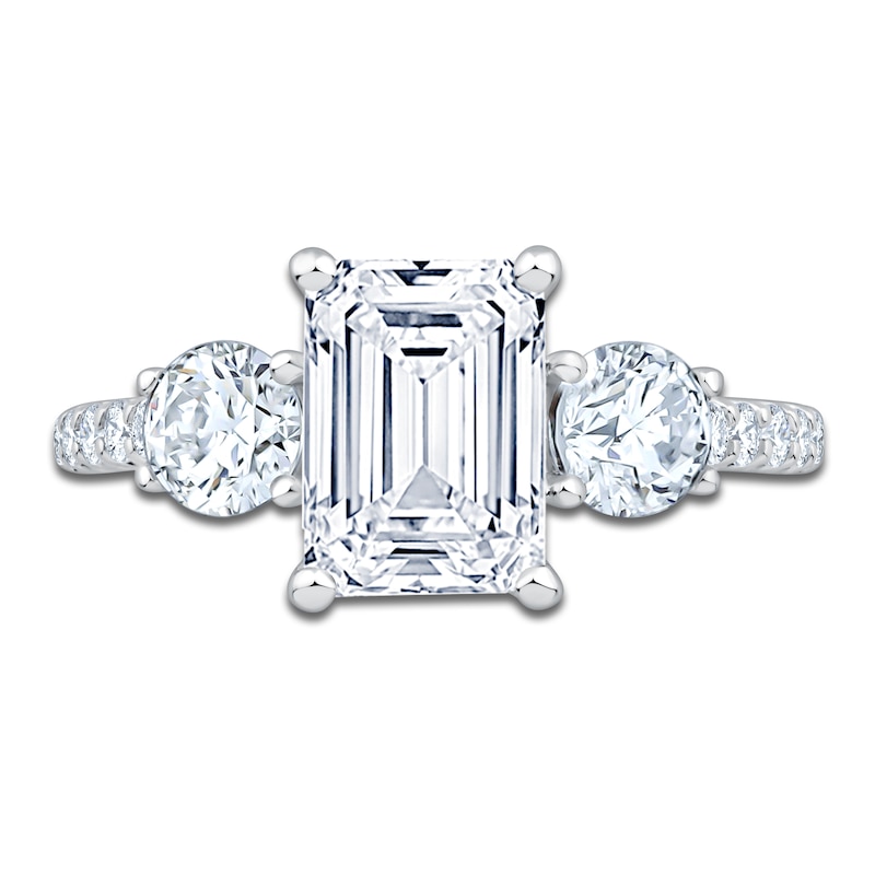 Main Image 3 of Emerald-Cut & Round-Cut Lab-Grown Diamond Three-Stone Engagement Ring 3 ct tw 14K White Gold
