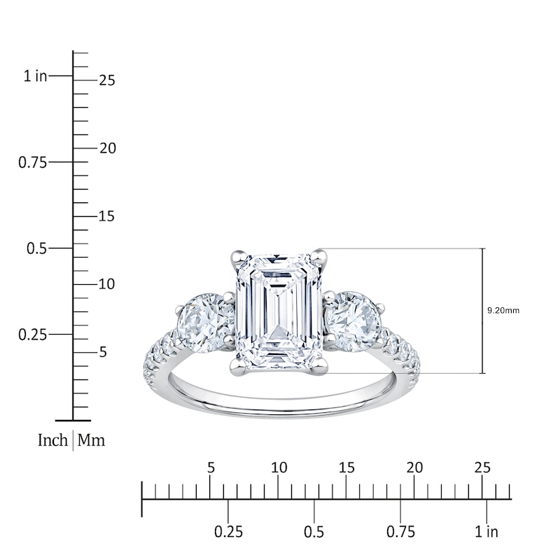 Main Image 4 of Emerald-Cut & Round-Cut Lab-Grown Diamond Three-Stone Engagement Ring 3 ct tw 14K White Gold