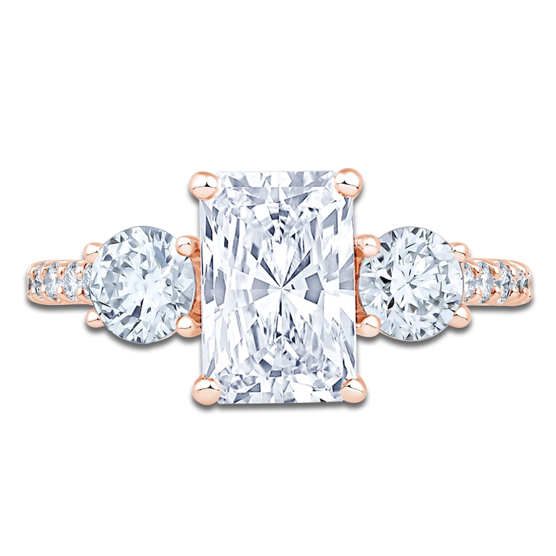 Main Image 3 of Radiant & Round-Cut Lab-Grown Diamond Three-Stone Engagement Ring 3 ct tw 14K Rose Gold