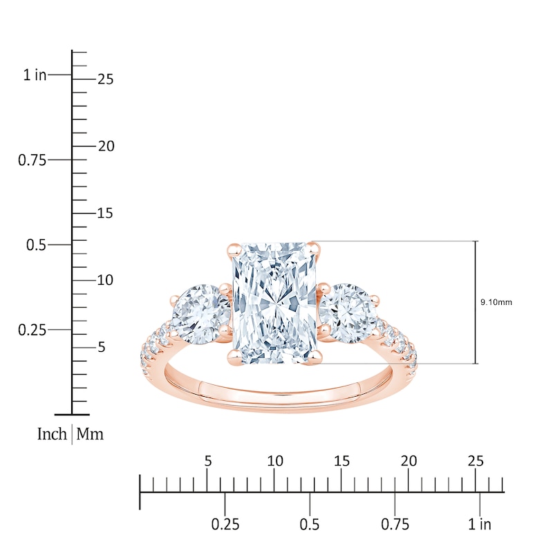 Main Image 4 of Radiant & Round-Cut Lab-Grown Diamond Three-Stone Engagement Ring 3 ct tw 14K Rose Gold