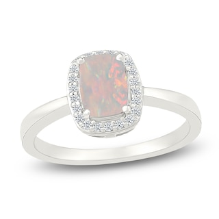 Cushion-Cut Lab-Created Opal & White Lab-Created Sapphire Halo Ring Sterling Silver