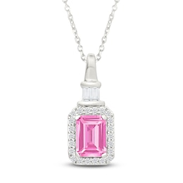 Emerald-Cut Pink Lab-Created Sapphire & White Lab-Created Sapphire Drop Necklace Sterling Silver 18"