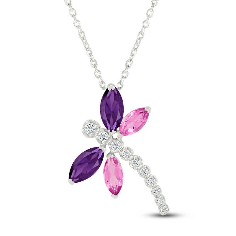 Main Image 1 of Marquise-Cut Natural Amethyst & Pink Lab-Created Sapphire, White Lab-Created Sapphire Dragonfly Necklace Sterling Silver 18"