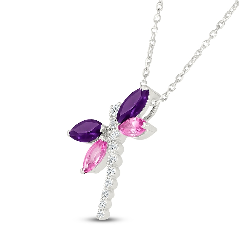 Main Image 2 of Marquise-Cut Natural Amethyst & Pink Lab-Created Sapphire, White Lab-Created Sapphire Dragonfly Necklace Sterling Silver 18"