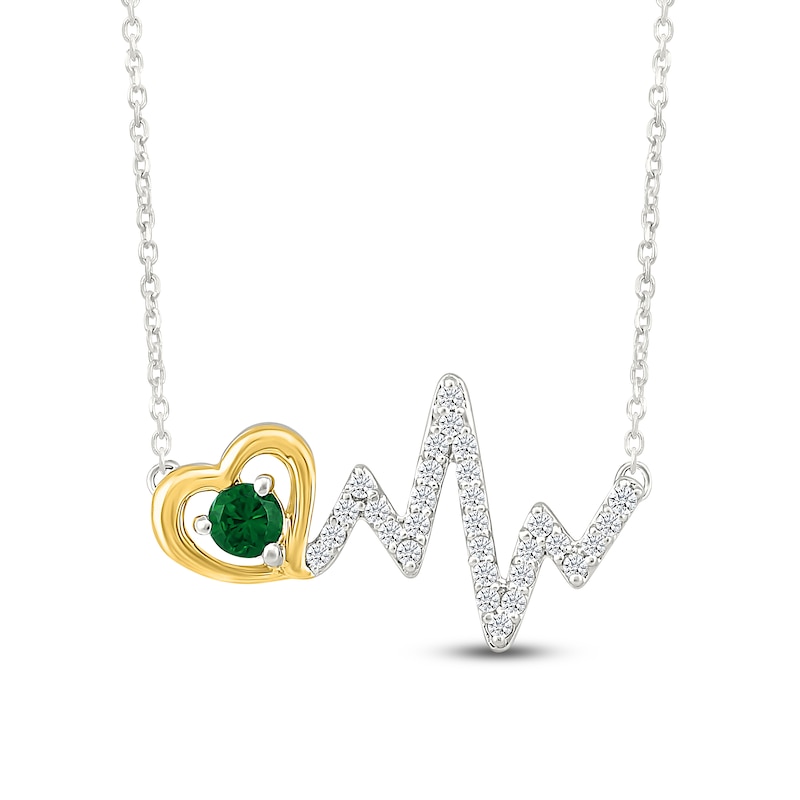 Main Image 1 of Lab-Created Emerald & White Lab-Created Sapphire Heartbeat Necklace Sterling Silver & 10K Yellow Gold 18"