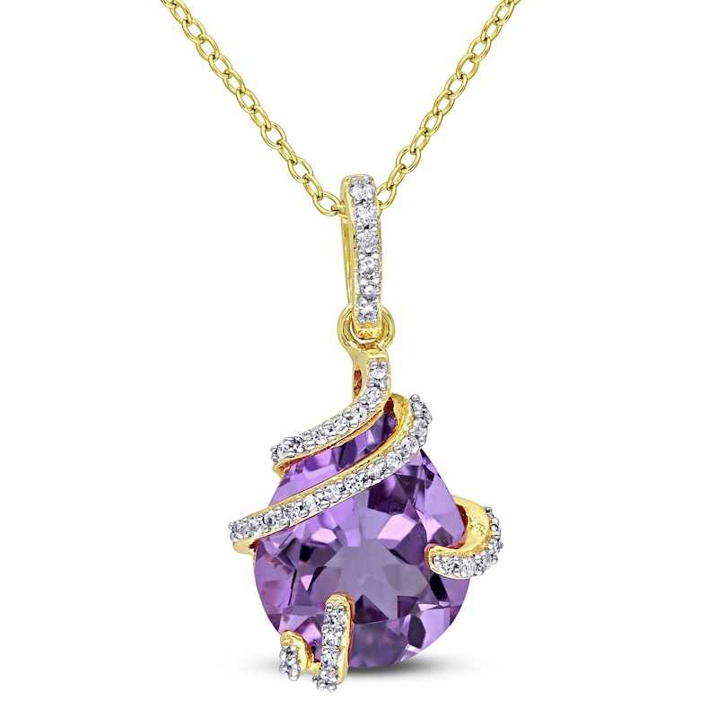 Main Image 1 of Pear-Shaped Natural Amethyst & Diamond Necklace 1/8 ct tw 10K Yellow Gold 18"