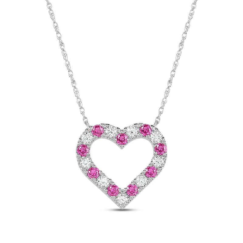 Main Image 1 of Pink Lab-Created Sapphire & Lab-Grown Diamond Heart Necklace 3/8 ct tw 10K White Gold 18"