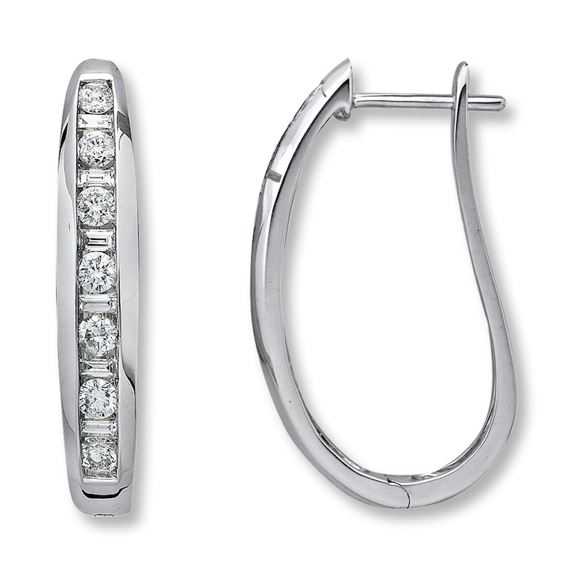 Diamond Hoop Earrings 1 ct tw Round/Baguette 14K White Gold